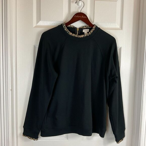 J Crew Women Black Sz XL Sweatshirt Animal Print Trim Pullover Zipper Comfort N3 - Picture 3 of 11